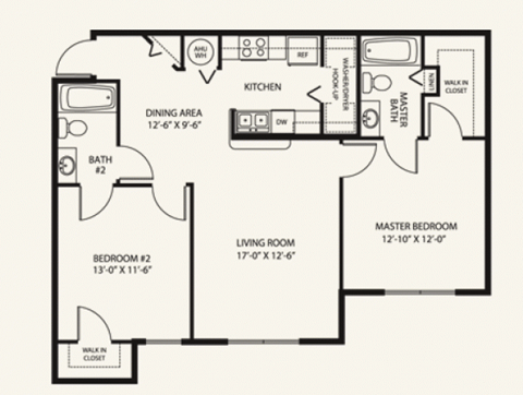 Floor plan for 2 beds, 2 baths, 943 sqft